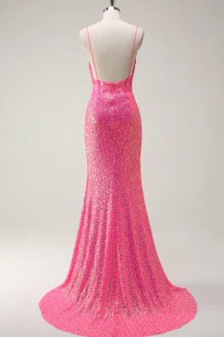 Sparkly Hot Pink Sequin Corset Sereia Vestido de Baile com Fenda