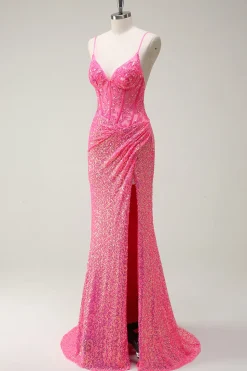 Sparkly Hot Pink Sequin Corset Sereia Vestido de Baile com Fenda