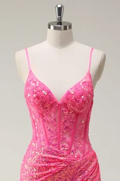 Sparkly Hot Pink Sequin Corset Sereia Vestido de Baile com Fenda
