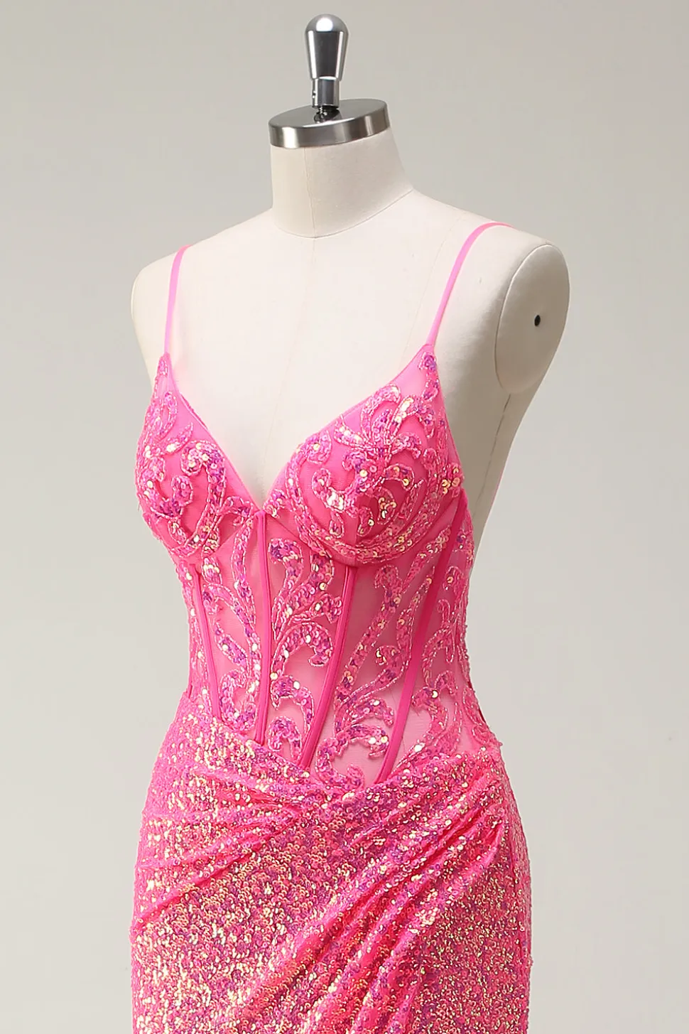 Sparkly Hot Pink Sequin Corset Sereia Vestido de Baile com Fenda
