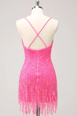 Sparkly Hot Pink Sequins V Pescoço Apertado Homecoming Dress com franjas