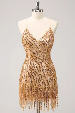 Sparkly Hot Pink Sequins V Pescoço Apertado Homecoming Dress com franjas