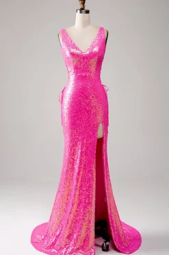 Sparkly Hot Pink Sereia Prom Dress com Fenda