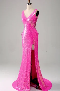 Sparkly Hot Pink Sereia Prom Dress com Fenda