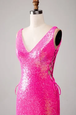 Sparkly Hot Pink Sereia Prom Dress com Fenda