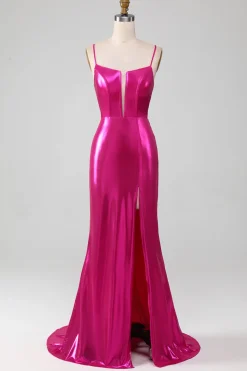 Sparkly Hot Pink Sereia Vestido de Baile Simples Com Fenda