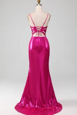 Sparkly Hot Pink Sereia Vestido de Baile Simples Com Fenda