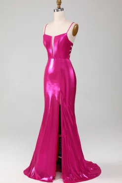 Sparkly Hot Pink Sereia Vestido de Baile Simples Com Fenda