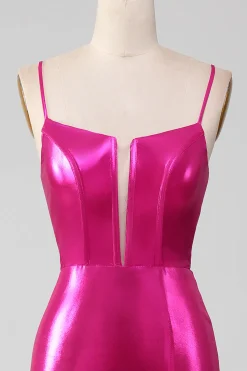 Sparkly Hot Pink Sereia Vestido de Baile Simples Com Fenda