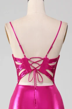 Sparkly Hot Pink Sereia Vestido de Baile Simples Com Fenda