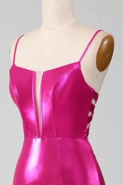 Sparkly Hot Pink Sereia Vestido de Baile Simples Com Fenda