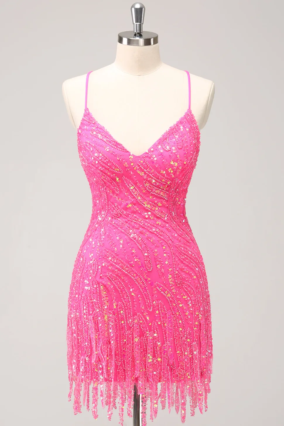 Sparkly Hot Pink Tight Sequins V Neck Homecoming Vestido com franjas