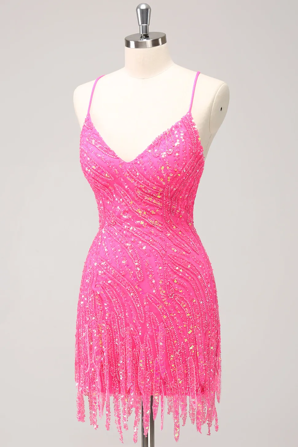 Sparkly Hot Pink Tight Sequins V Neck Homecoming Vestido com franjas
