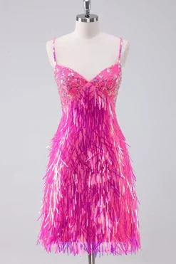 Sparkly Hot Pink Uma Linha Esparguete Correias Fringe Sequins Homecoming Dress