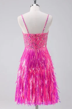 Sparkly Hot Pink Uma Linha Esparguete Correias Fringe Sequins Homecoming Dress