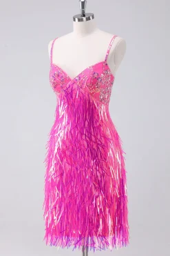 Sparkly Hot Pink Uma Linha Esparguete Correias Fringe Sequins Homecoming Dress