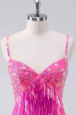Sparkly Hot Pink Uma Linha Esparguete Correias Fringe Sequins Homecoming Dress