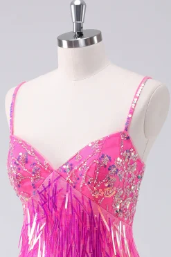 Sparkly Hot Pink Uma Linha Esparguete Correias Fringe Sequins Homecoming Dress