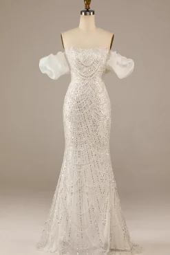 Sparkly Ivory Semaid Sequined Floor-Length Vestido de Noiva