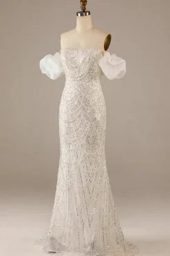 Sparkly Ivory Semaid Sequined Floor-Length Vestido de Noiva