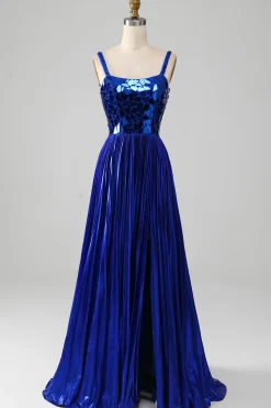 Sparkly Lace-Up Back Royal Blue Prom Vestido com Fenda