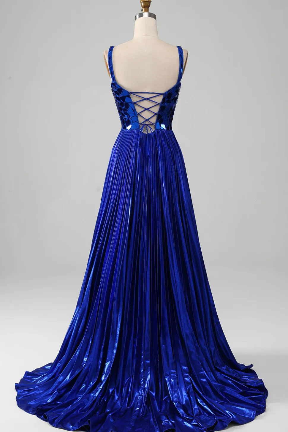 Sparkly Lace-Up Back Royal Blue Prom Vestido com Fenda