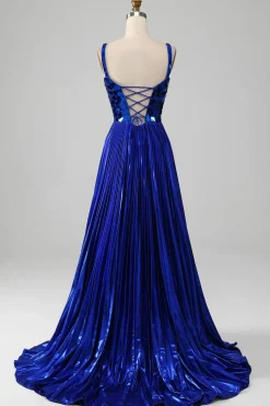 Sparkly Lace-Up Back Royal Blue Prom Vestido com Fenda