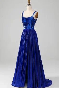 Sparkly Lace-Up Back Royal Blue Prom Vestido com Fenda