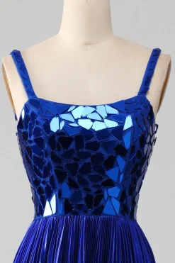 Sparkly Lace-Up Back Royal Blue Prom Vestido com Fenda