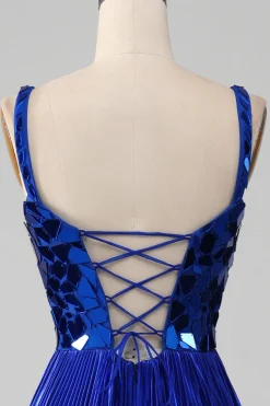 Sparkly Lace-Up Back Royal Blue Prom Vestido com Fenda