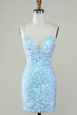 Sparkly Lace-Up Back Vestido Homecoming Azul Claro