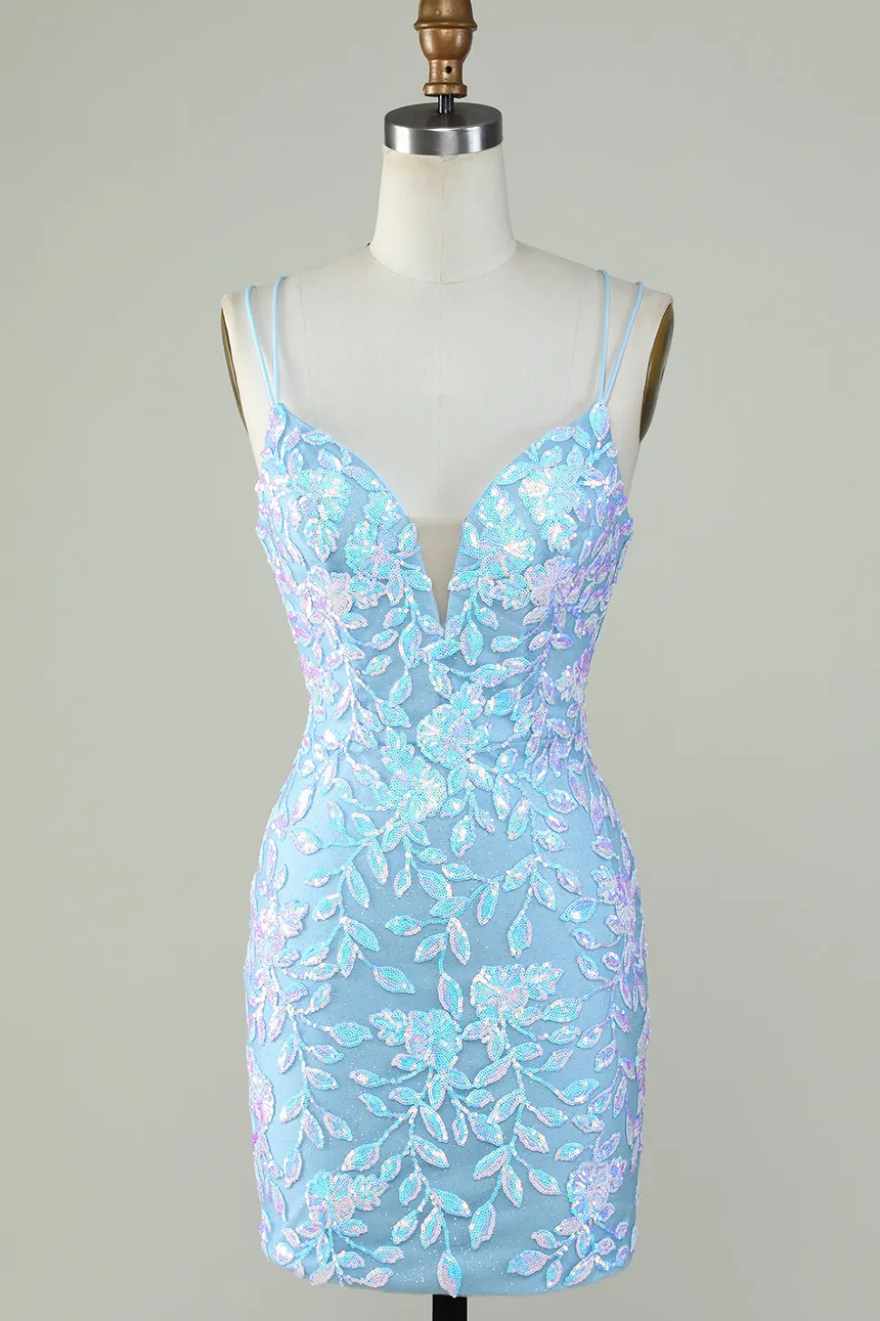Sparkly Lace-Up Back Vestido Homecoming Azul Claro