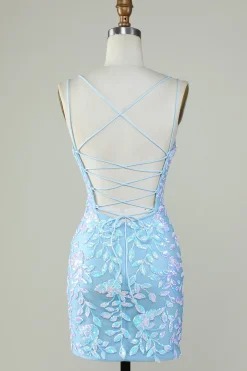 Sparkly Lace-Up Back Vestido Homecoming Azul Claro