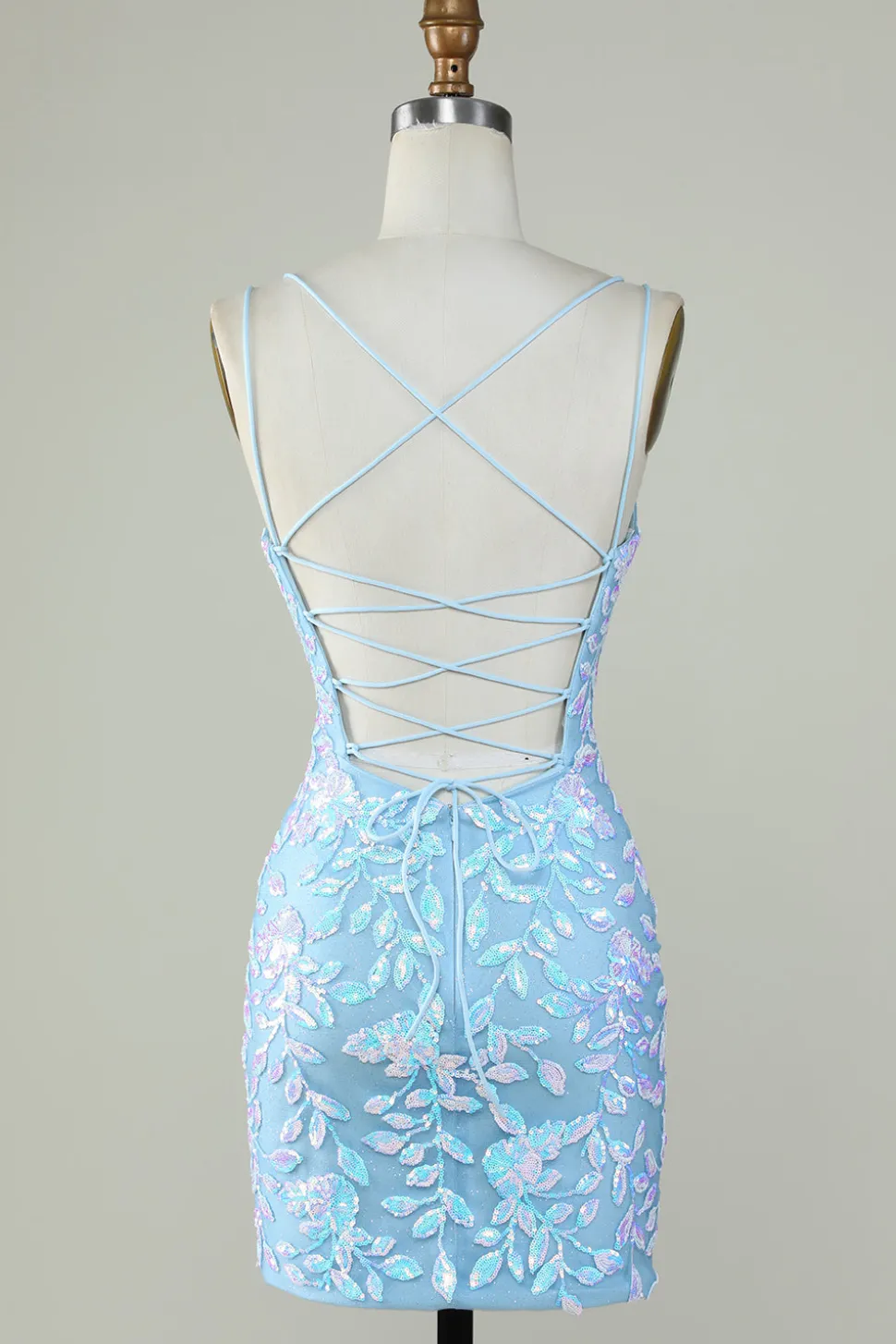 Sparkly Lace-Up Back Vestido Homecoming Azul Claro