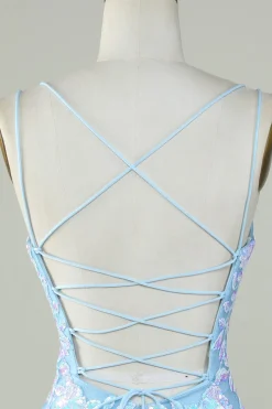 Sparkly Lace-Up Back Vestido Homecoming Azul Claro