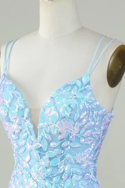 Sparkly Lace-Up Back Vestido Homecoming Azul Claro