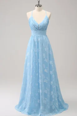 Sparkly Light Blue V-Neck vestido de dama de honra plissado com bordado