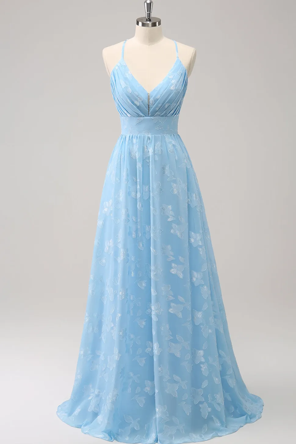 Sparkly Light Blue V-Neck vestido de dama de honra plissado com bordado