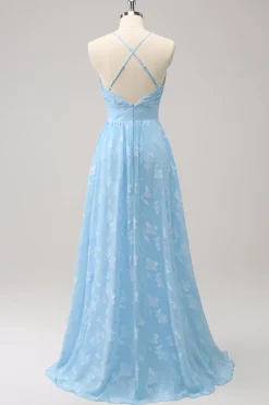 Sparkly Light Blue V-Neck vestido de dama de honra plissado com bordado