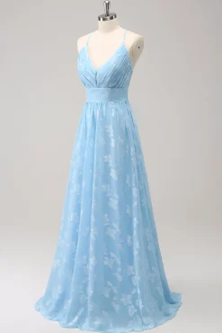 Sparkly Light Blue V-Neck vestido de dama de honra plissado com bordado