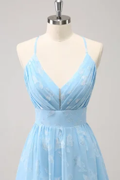 Sparkly Light Blue V-Neck vestido de dama de honra plissado com bordado
