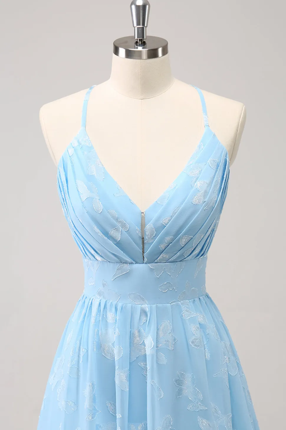 Sparkly Light Blue V-Neck vestido de dama de honra plissado com bordado