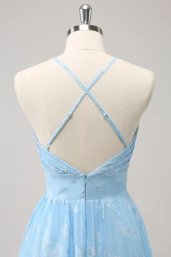 Sparkly Light Blue V-Neck vestido de dama de honra plissado com bordado