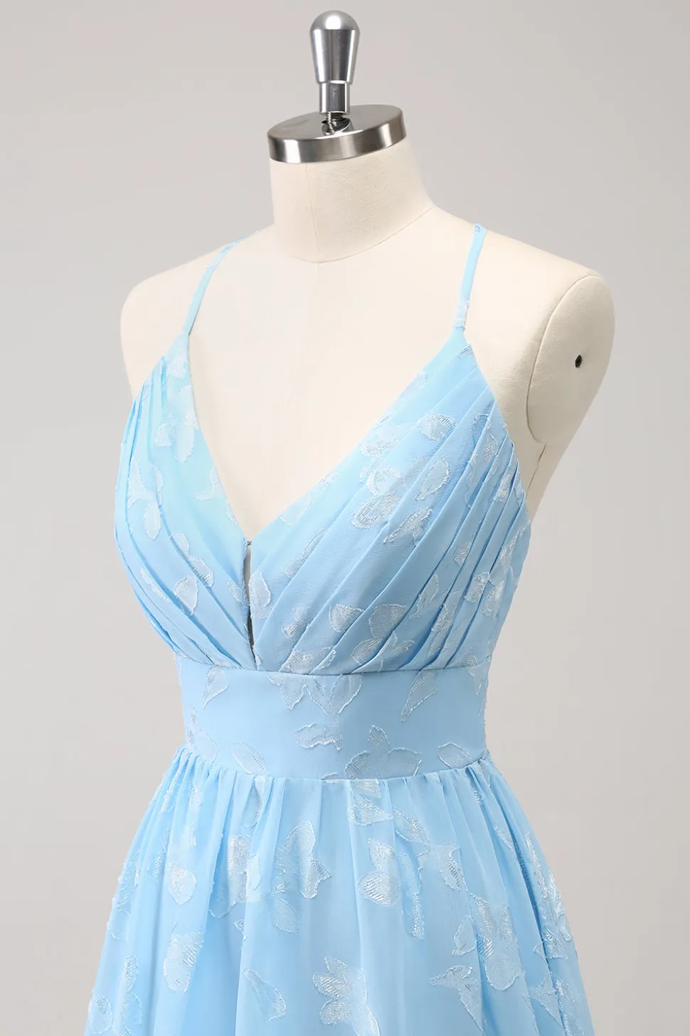 Sparkly Light Blue V-Neck vestido de dama de honra plissado com bordado