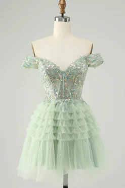 Sparkly Light Green Uma linha fora do ombro espartilho tule Homecoming Dress