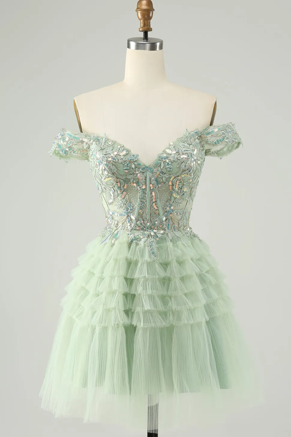 Sparkly Light Green Uma linha fora do ombro espartilho tule Homecoming Dress