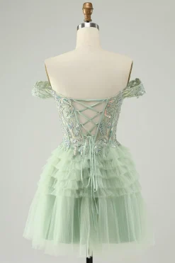 Sparkly Light Green Uma linha fora do ombro espartilho tule Homecoming Dress