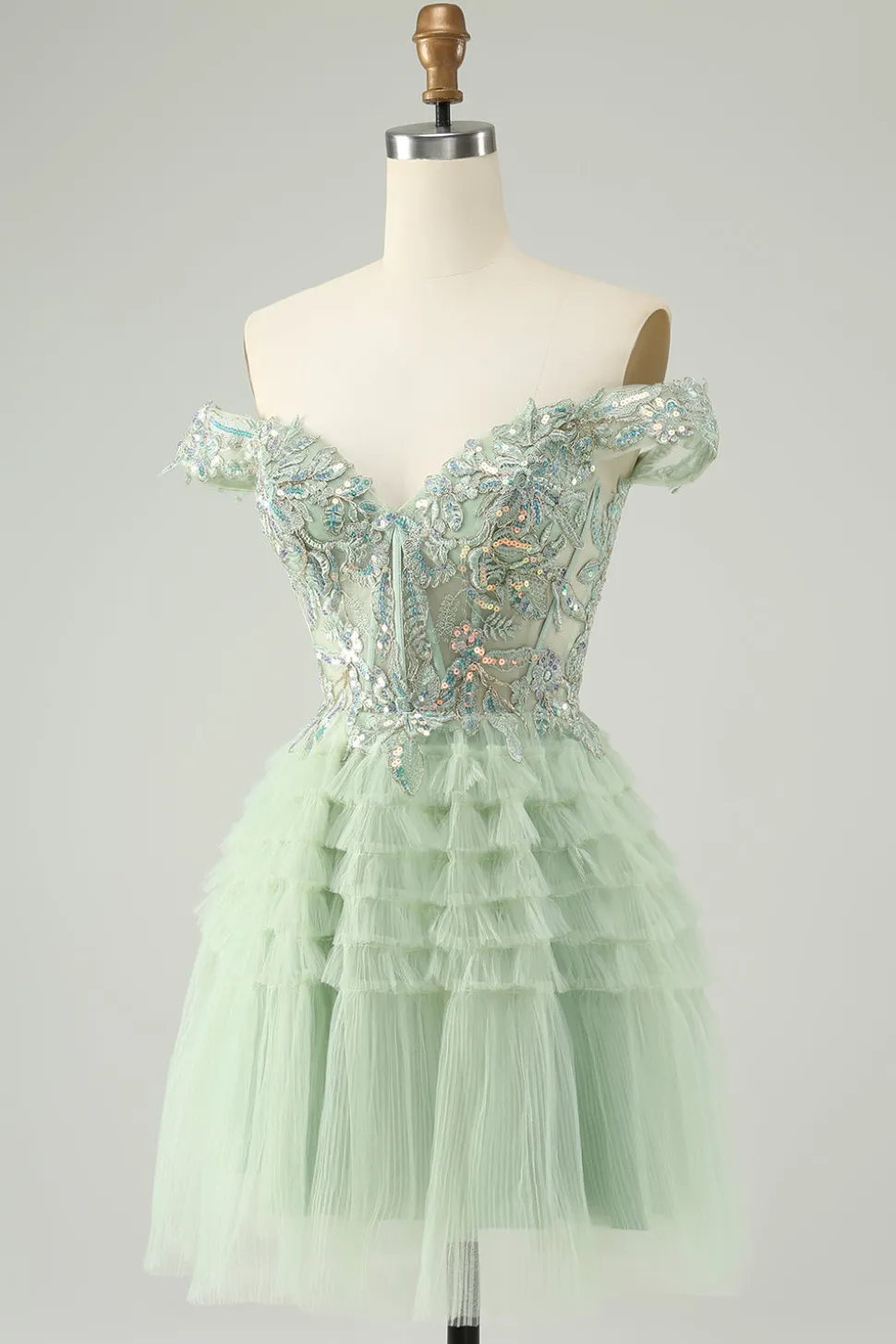 Sparkly Light Green Uma linha fora do ombro espartilho tule Homecoming Dress