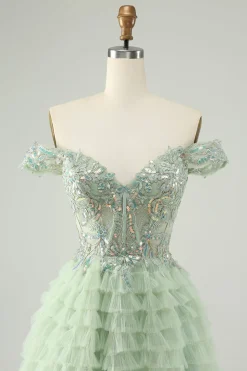 Sparkly Light Green Uma linha fora do ombro espartilho tule Homecoming Dress