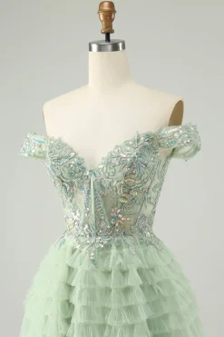 Sparkly Light Green Uma linha fora do ombro espartilho tule Homecoming Dress